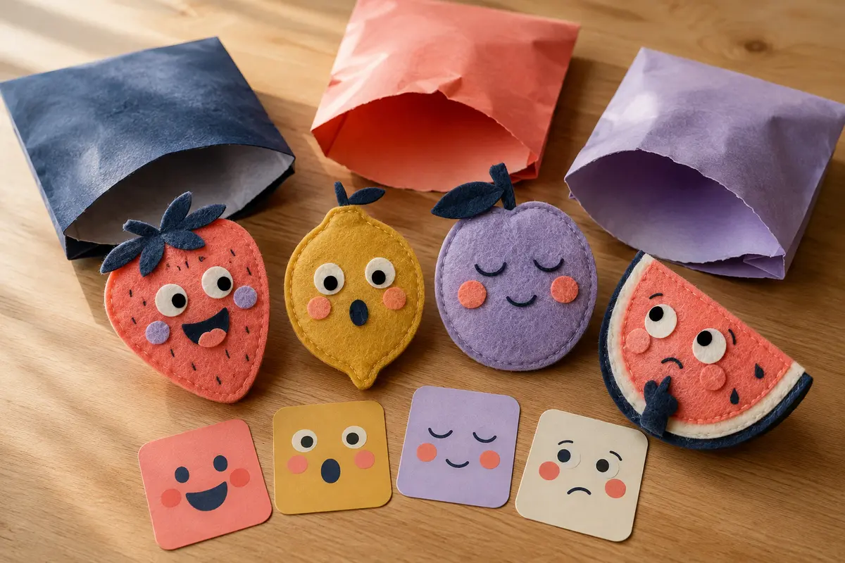 Blind bags fruits avec grandes formes en feutrine exprimant différentes émotions