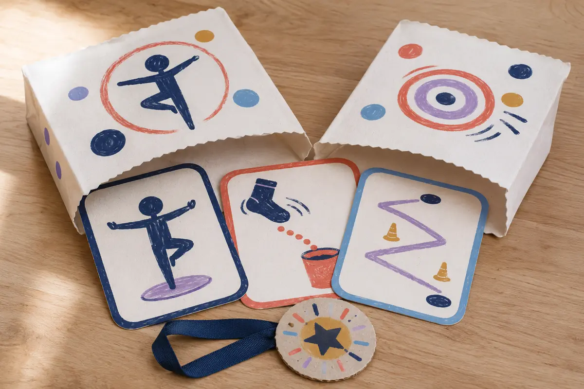 Pochettes surprises sport avec cartes défis illustrées et médailles en carton