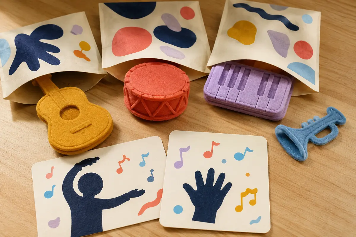 Pochette surprise musique avec silhouettes d’instruments en feutrine et jeu de mime