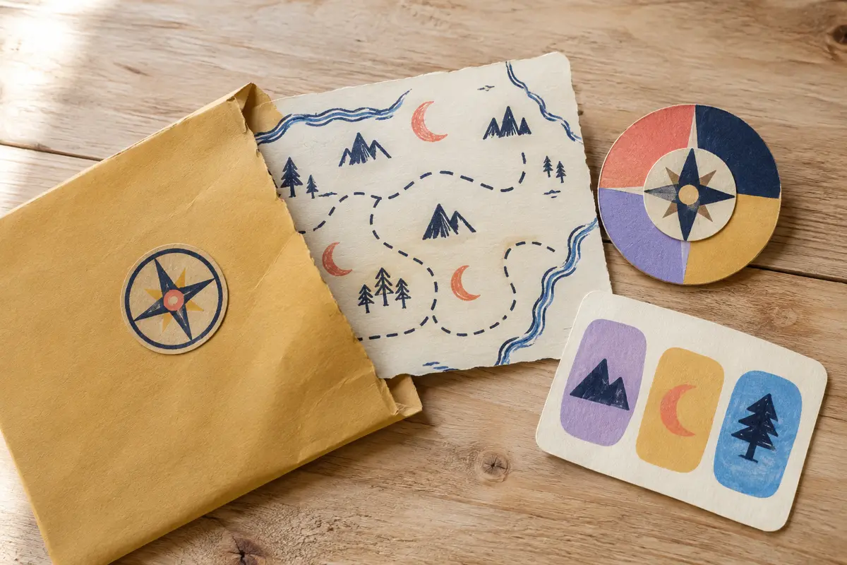 Blind bag aventure avec carte au trésor sans texte, boussole en carton et défi