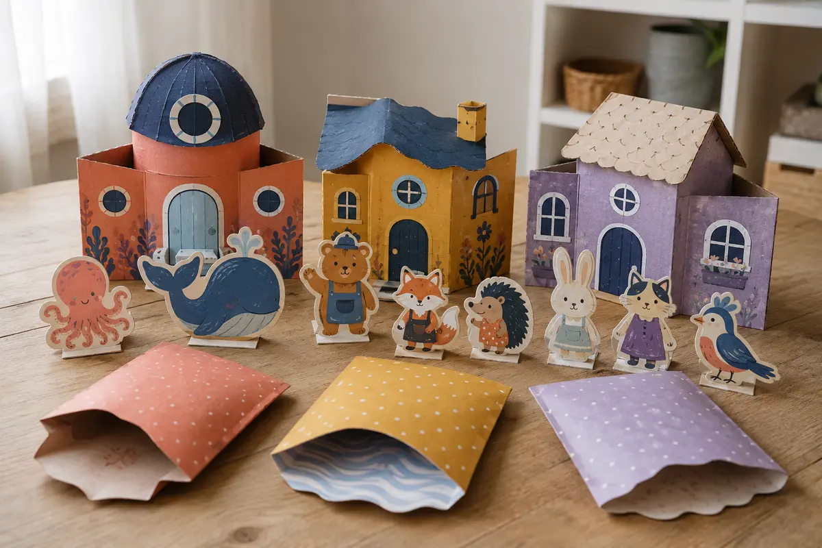 Blind bags maisons avec façades en carton et personnages miniatures plats
