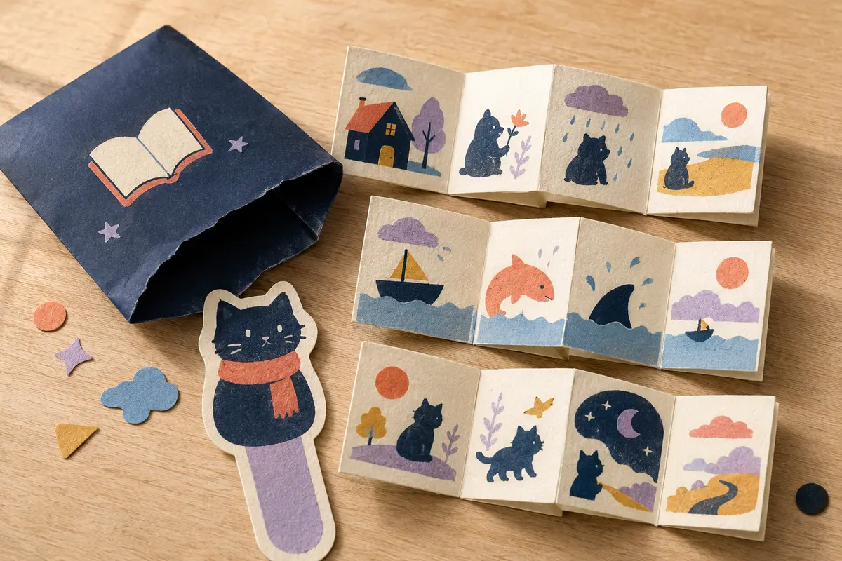 Pochette surprise contenant un mini livre illustré sans texte et une carte personnage