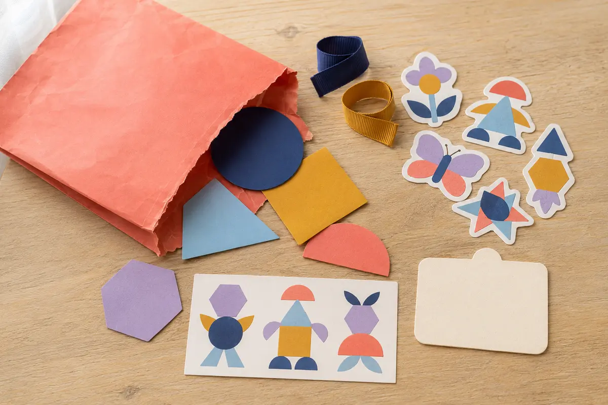 Blind bag créatif avec grandes formes en papier, rubans et fiche défi sans texte