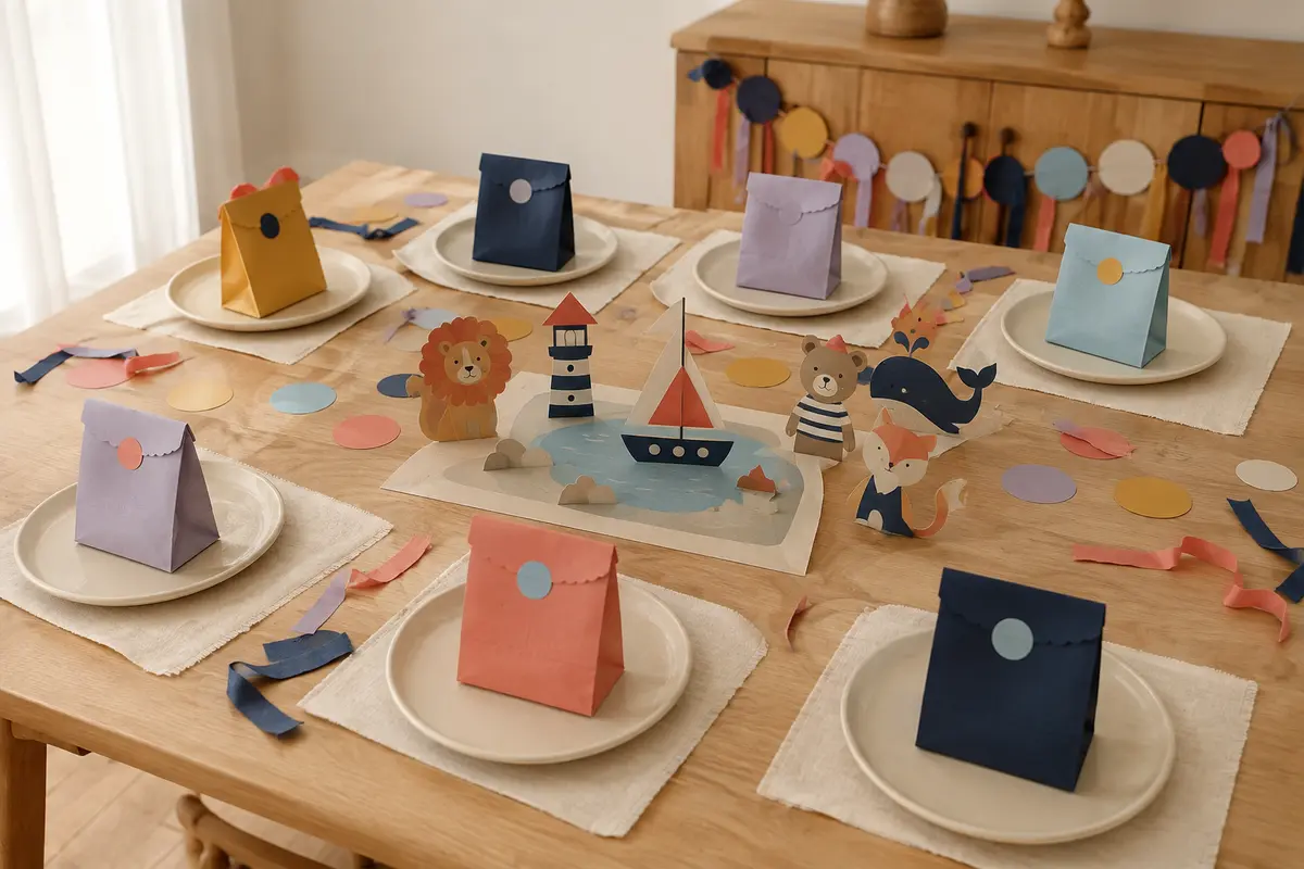 Table d’anniversaire avec pochettes surprises en papier réparties équitablement pour les enfants