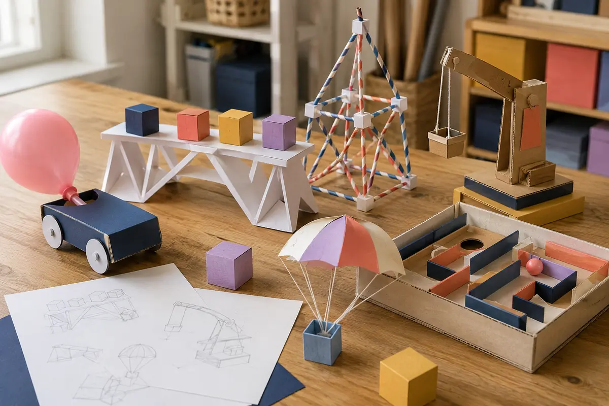 Ensemble de défis de petits inventeurs en carton papier et matériaux de récupération