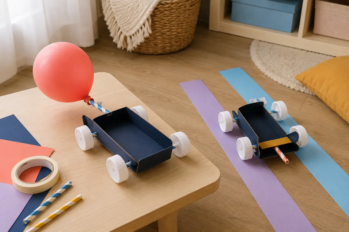 Défi STEM enfant la voiture propulsée par un ballon construit avec du matériel simple