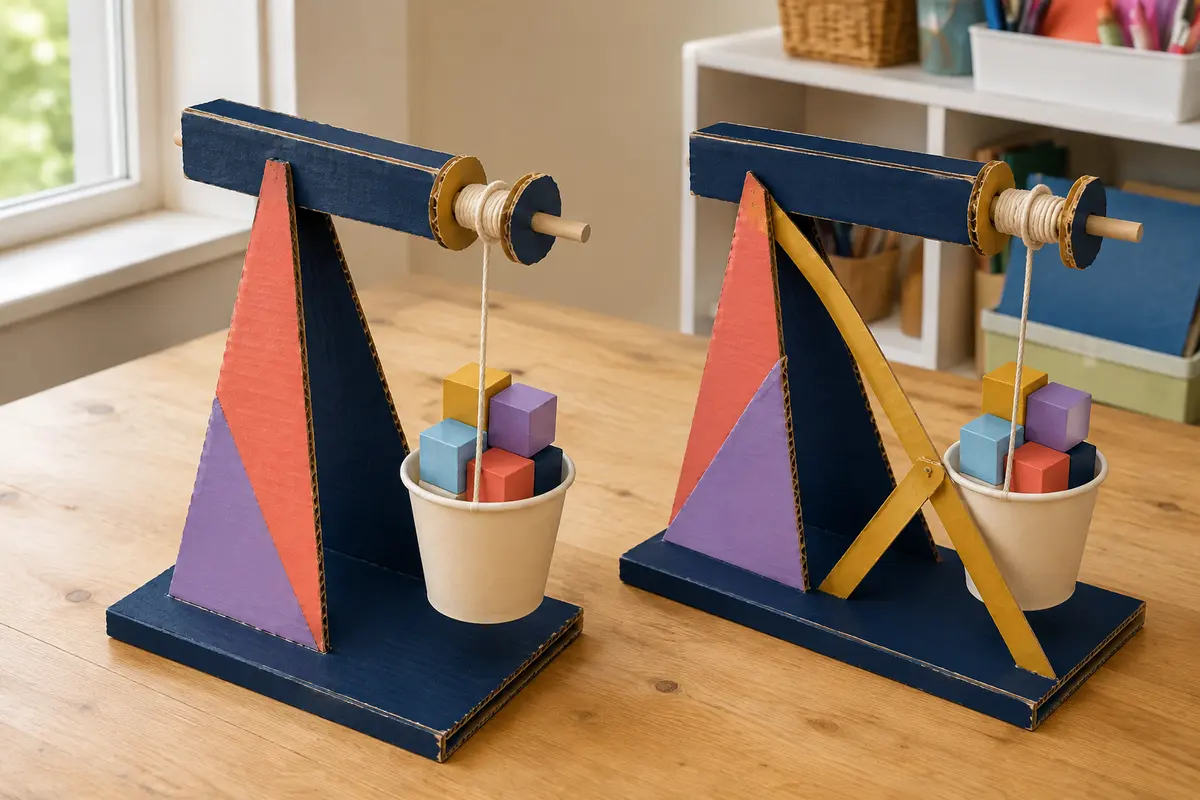 Défi STEM enfant la grue en carton à treuil construit avec du matériel simple