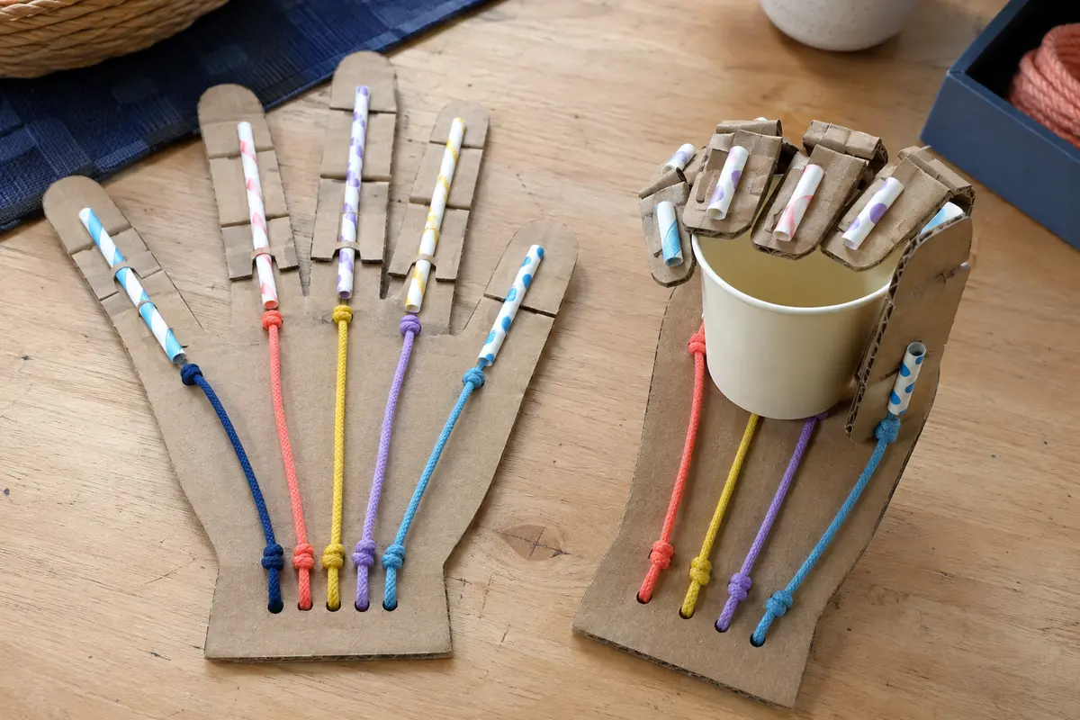 Défi STEM enfant la main mécanique en carton construit avec du matériel simple