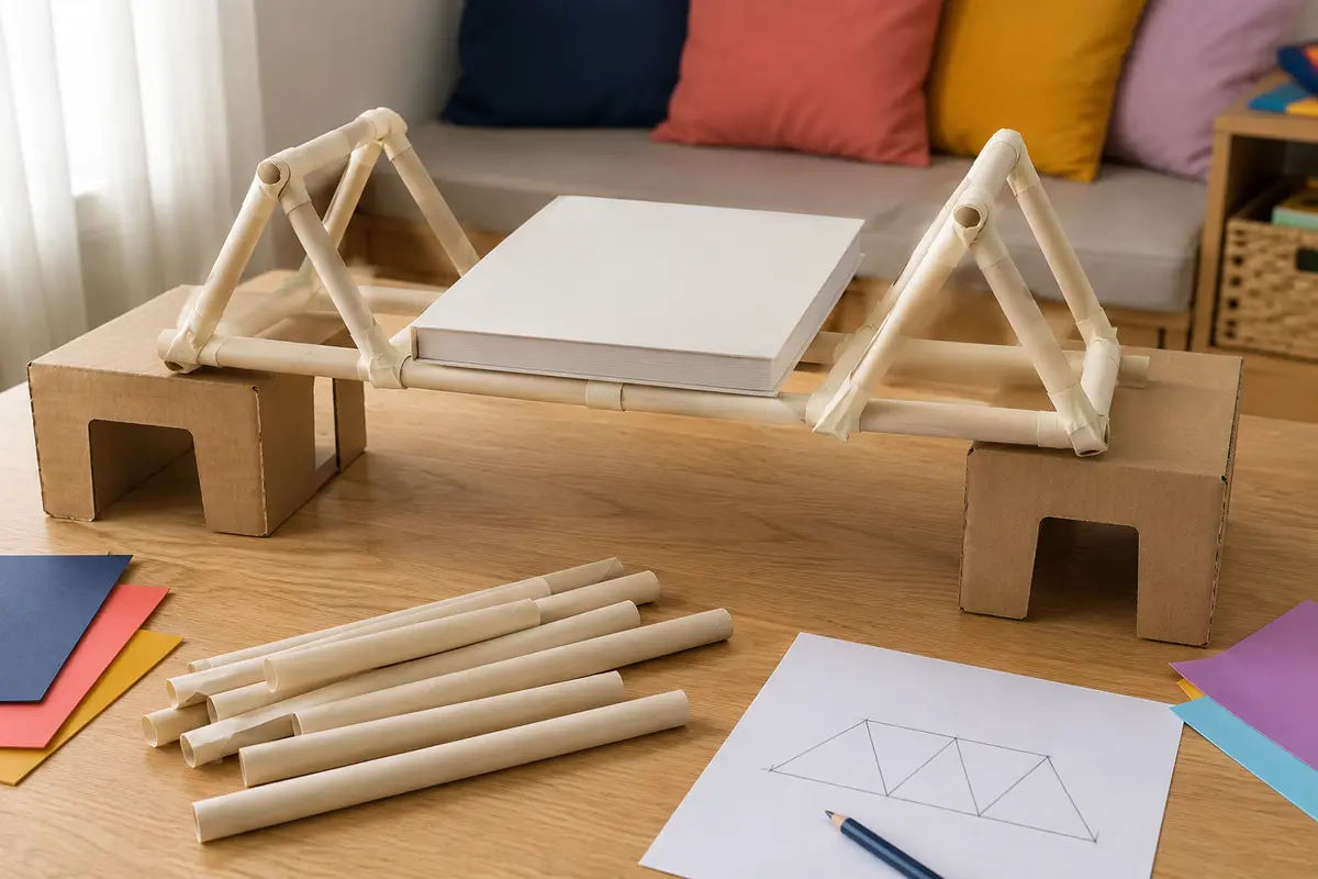 Défi STEM enfant le pont en tubes de papier construit avec du matériel simple