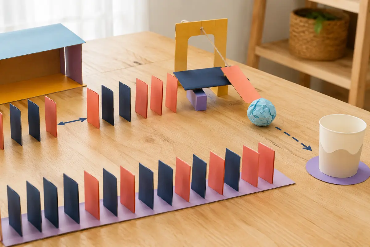 Défi STEM enfant la réaction en chaîne en carton construit avec du matériel simple