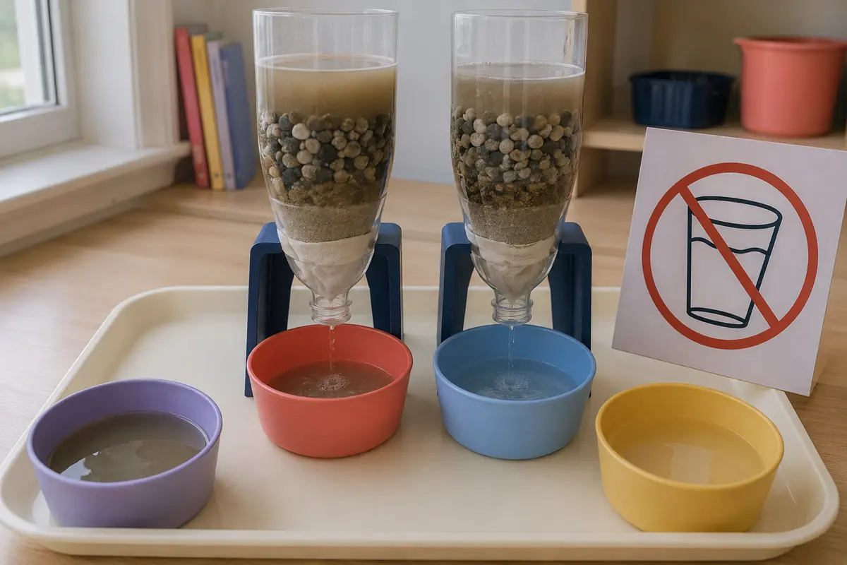 Défi STEM enfant le filtre d’eau de démonstration construit avec du matériel simple