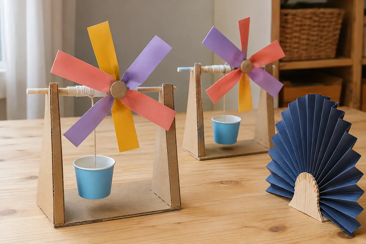 Défi STEM enfant l’éolienne en papier qui soulève construit avec du matériel simple