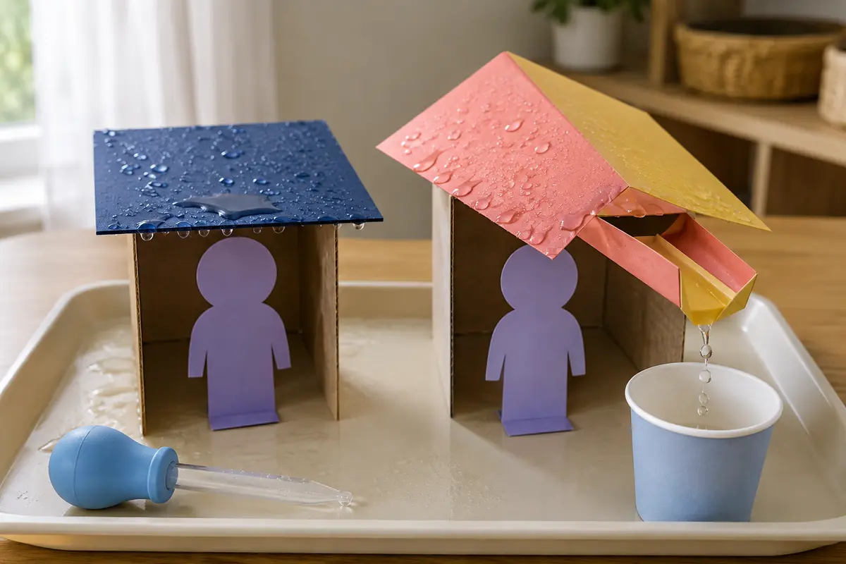 Défi STEM enfant le toit qui évacue la pluie construit avec du matériel simple