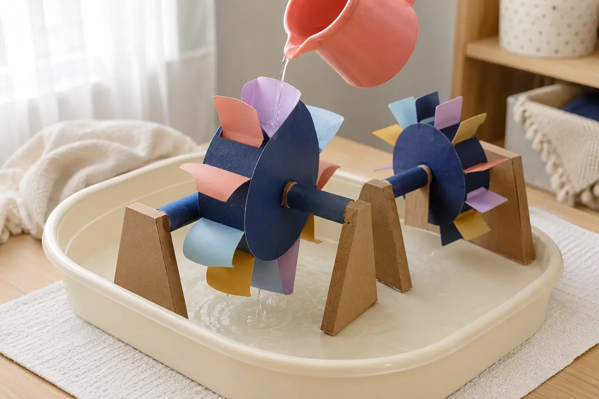 Défi STEM enfant la roue à eau de cuillères en carton construit avec du matériel simple