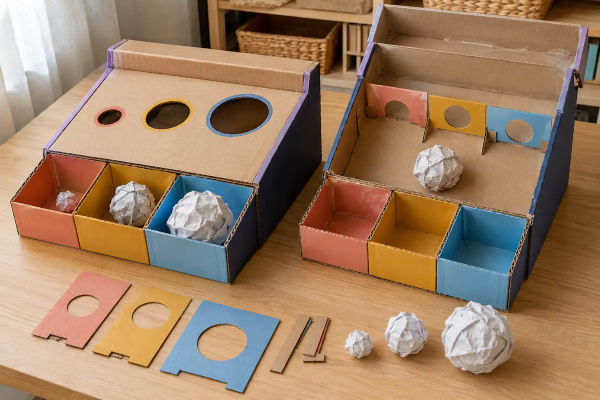 Défi STEM enfant la machine à trier par taille construit avec du matériel simple