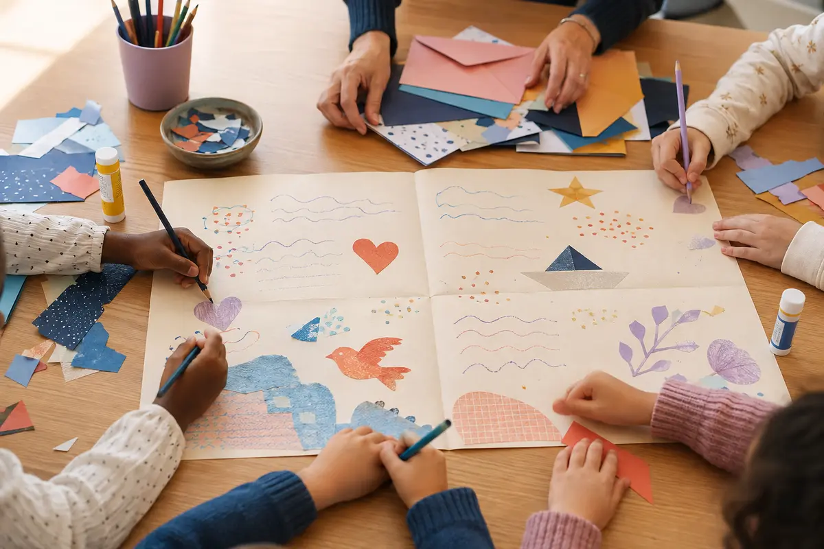 Enfants préparant un grand courrier collectif illustré pour une classe partenaire