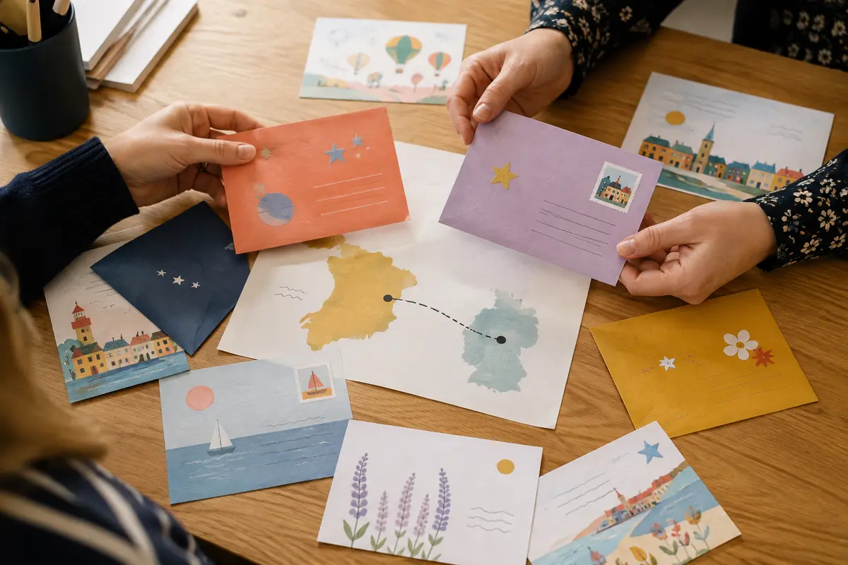 Enveloppes décorées et cartes représentant deux villes jumelées sur une table