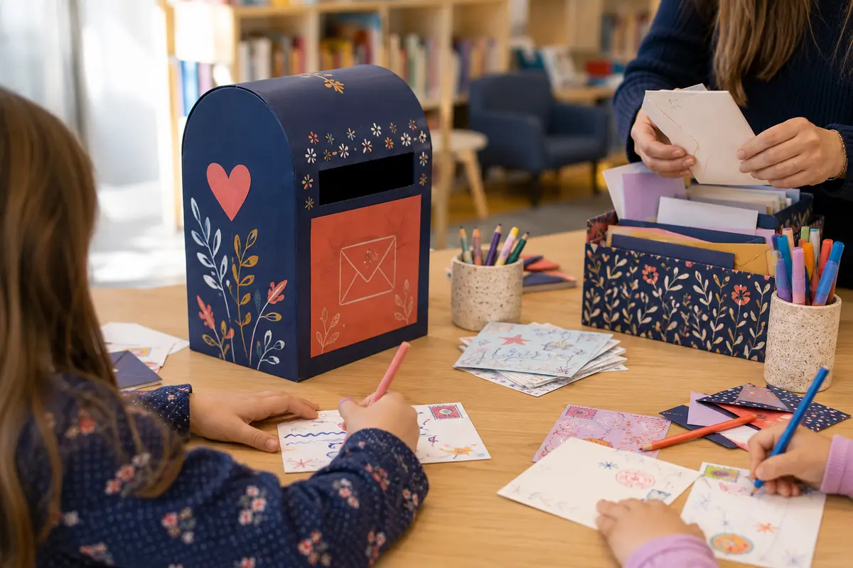 Atelier de correspondance dans une médiathèque avec papier crayons et boîte aux lettres en carton