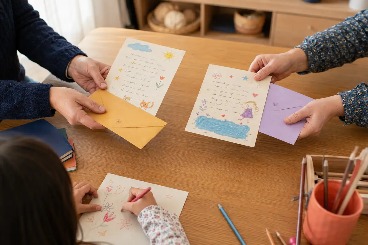 Deux lettres d’enfants avec dessins et enveloppes confiées à leurs parents