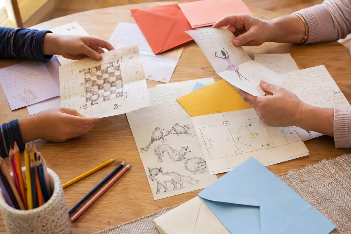 Lettres d’enfants illustrées sur les thèmes de la danse des échecs et des animaux