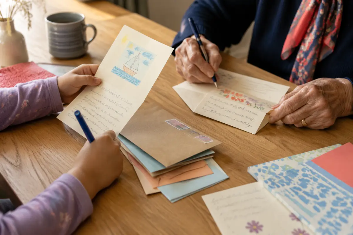 Main d’un enfant et main d’une personne âgée écrivant chacune une carte illustrée