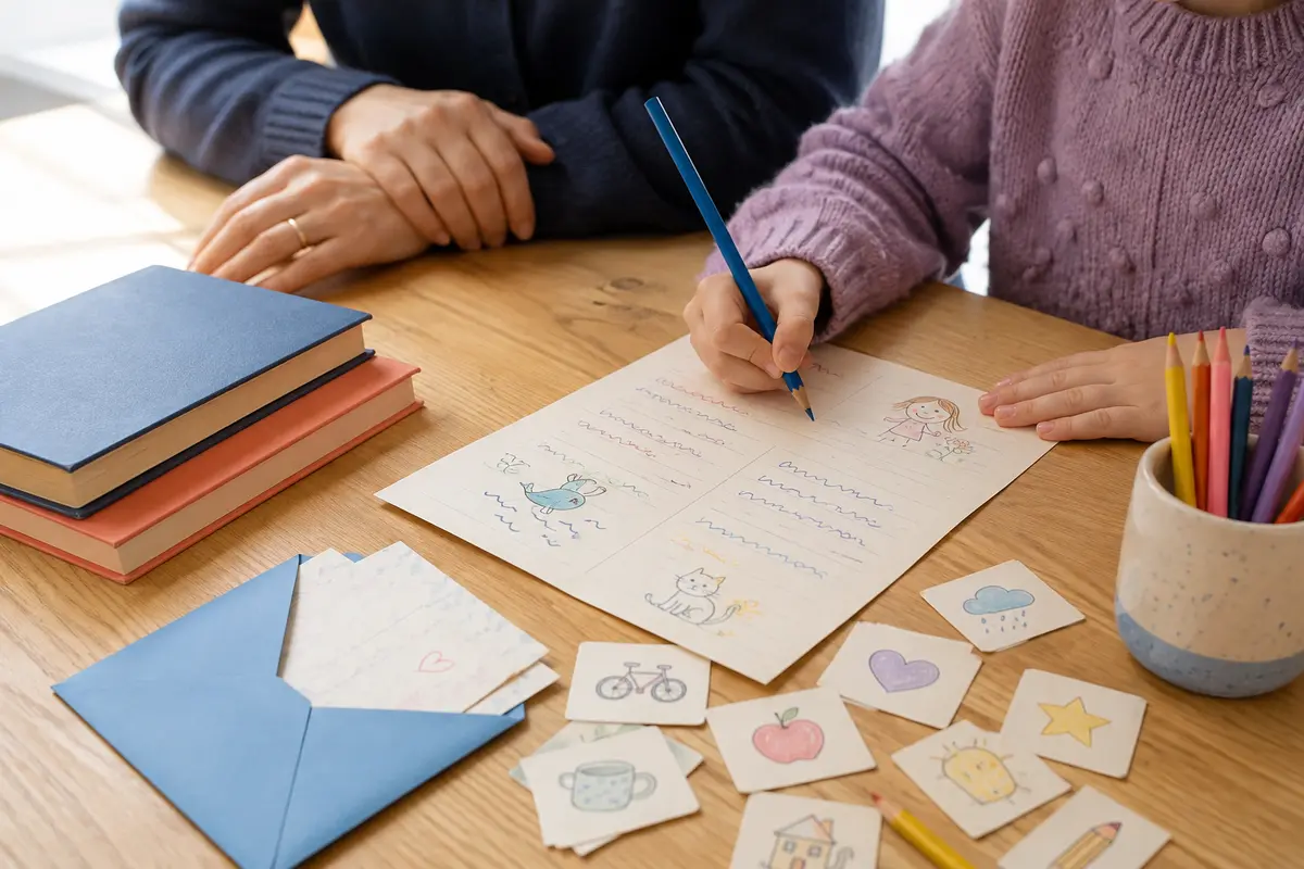 Lettre bilingue très simple avec dessins dictionnaire et crayons de couleur