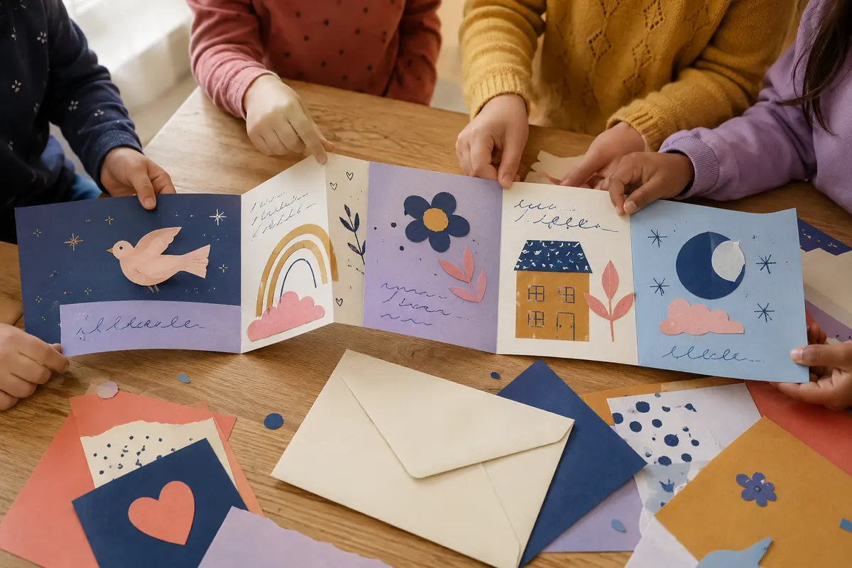 Grande carte postale collaborative décorée par plusieurs enfants et prête à voyager entre structures