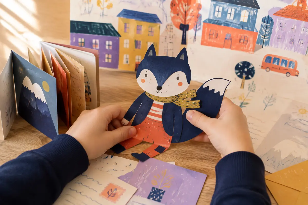 Mascotte plate en carton entourée de lettres et dessins racontant un voyage imaginaire