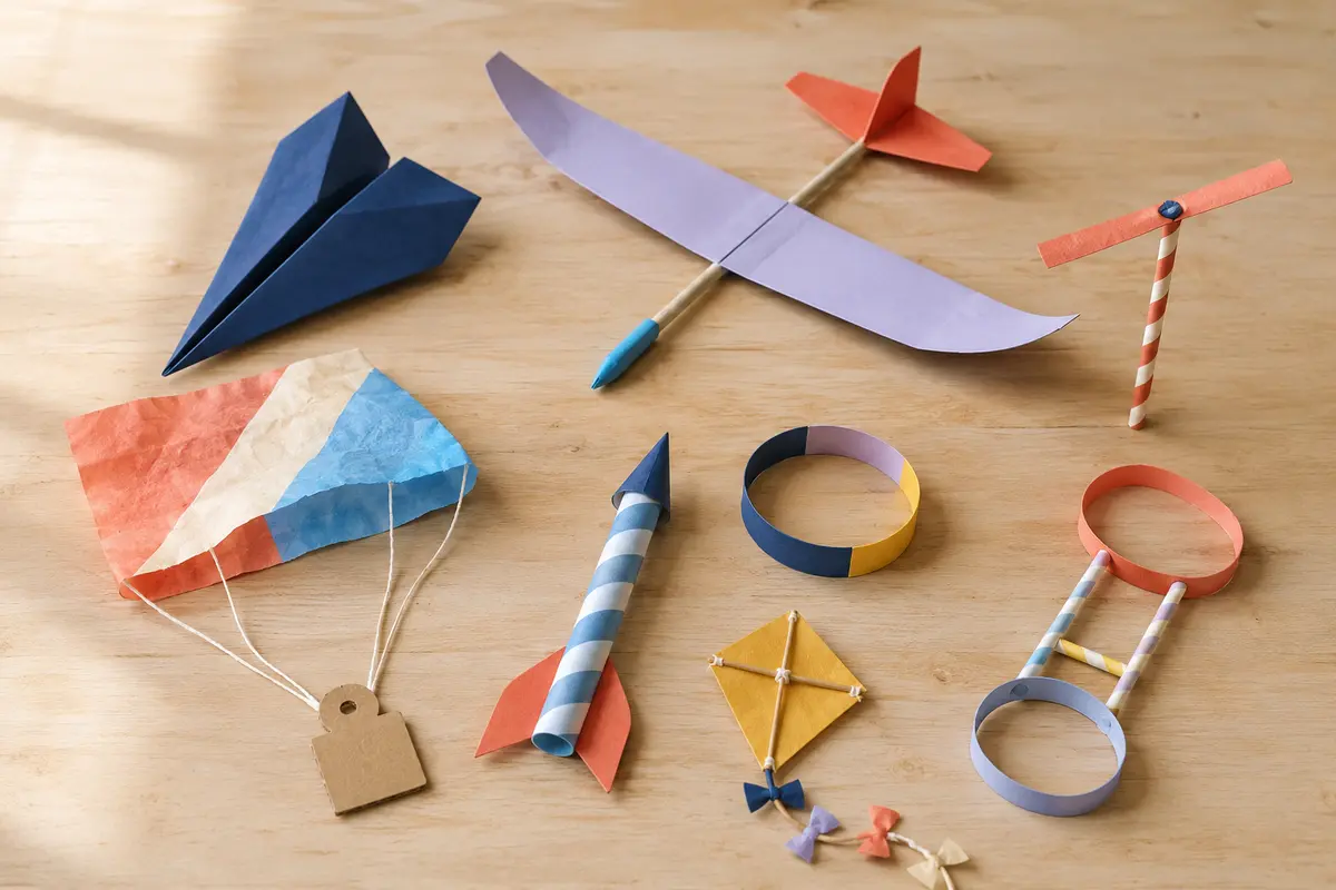 Collection de jouets volants faits maison avec avions planeurs parachutes et hélicoptères en papier