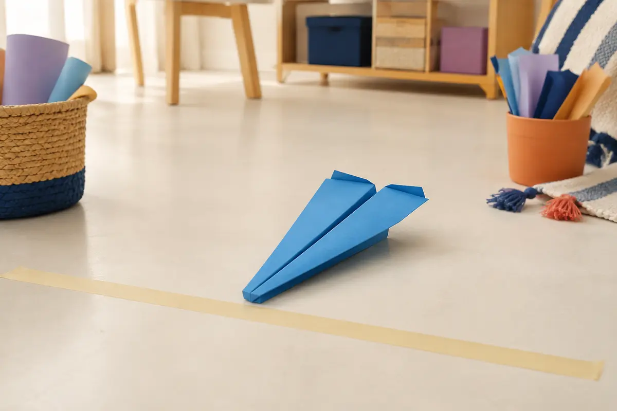 Avion en papier classique bleu posé devant une ligne de lancement intérieure