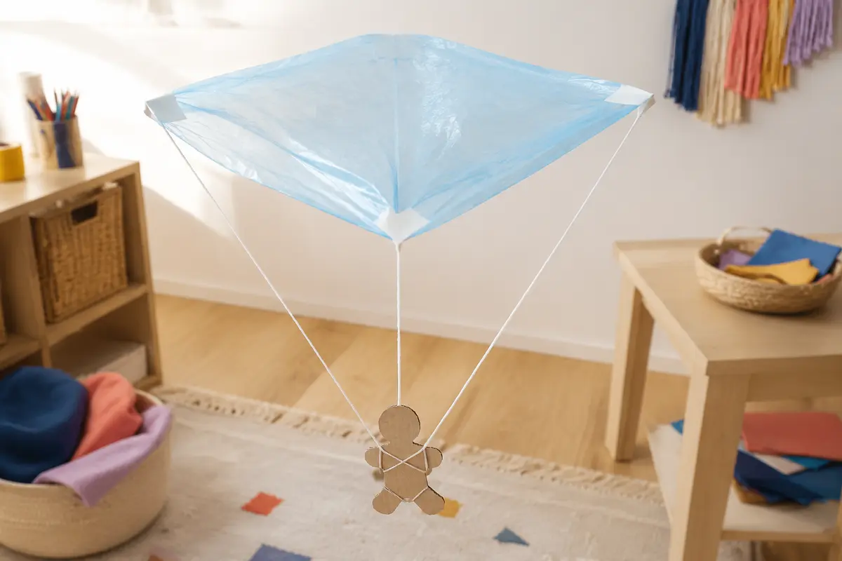 Parachute jouet avec voile carrée légère quatre ficelles et figurine en carton