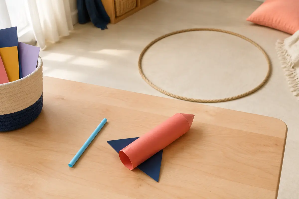 Petite fusée en papier montée sur une paille et dirigée vers une cible au sol