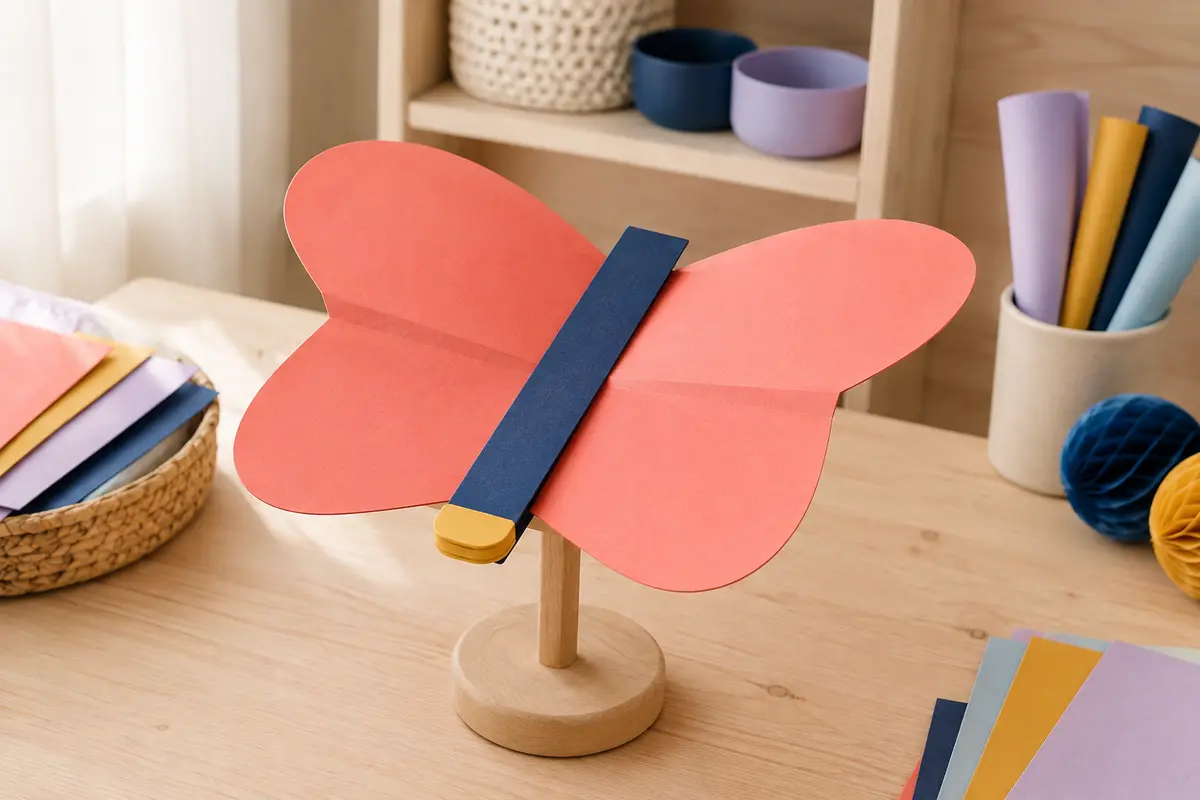Papillon planeur en papier avec ailes symétriques et corps en bande cartonnée