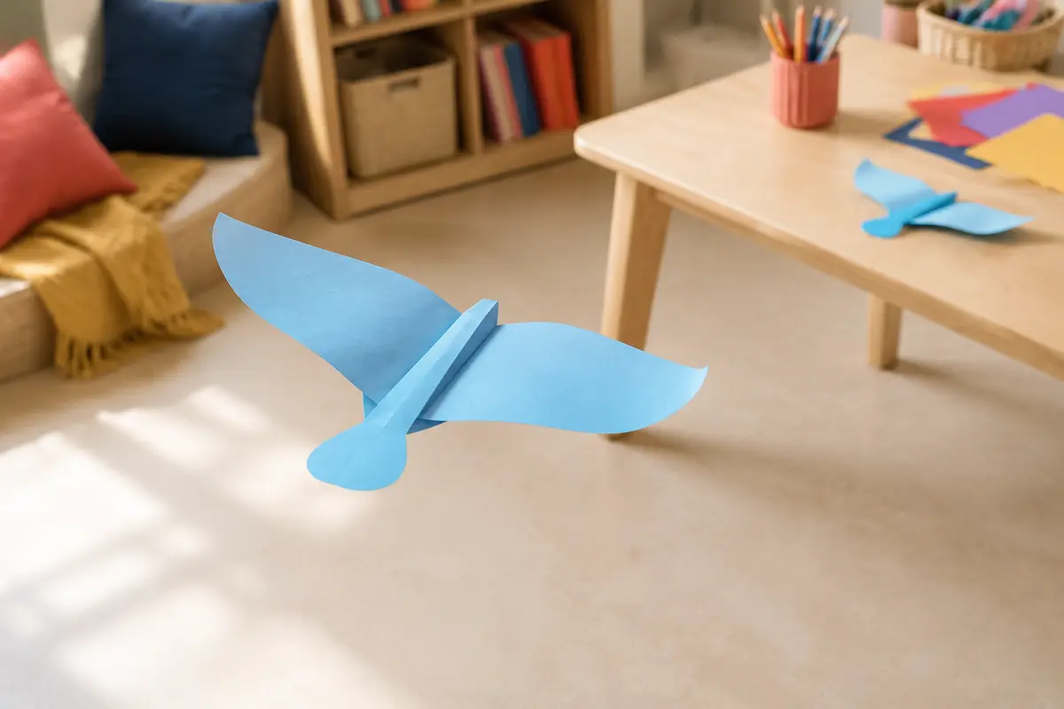 Oiseau planeur en papier avec ailes souples légèrement courbées vers le haut