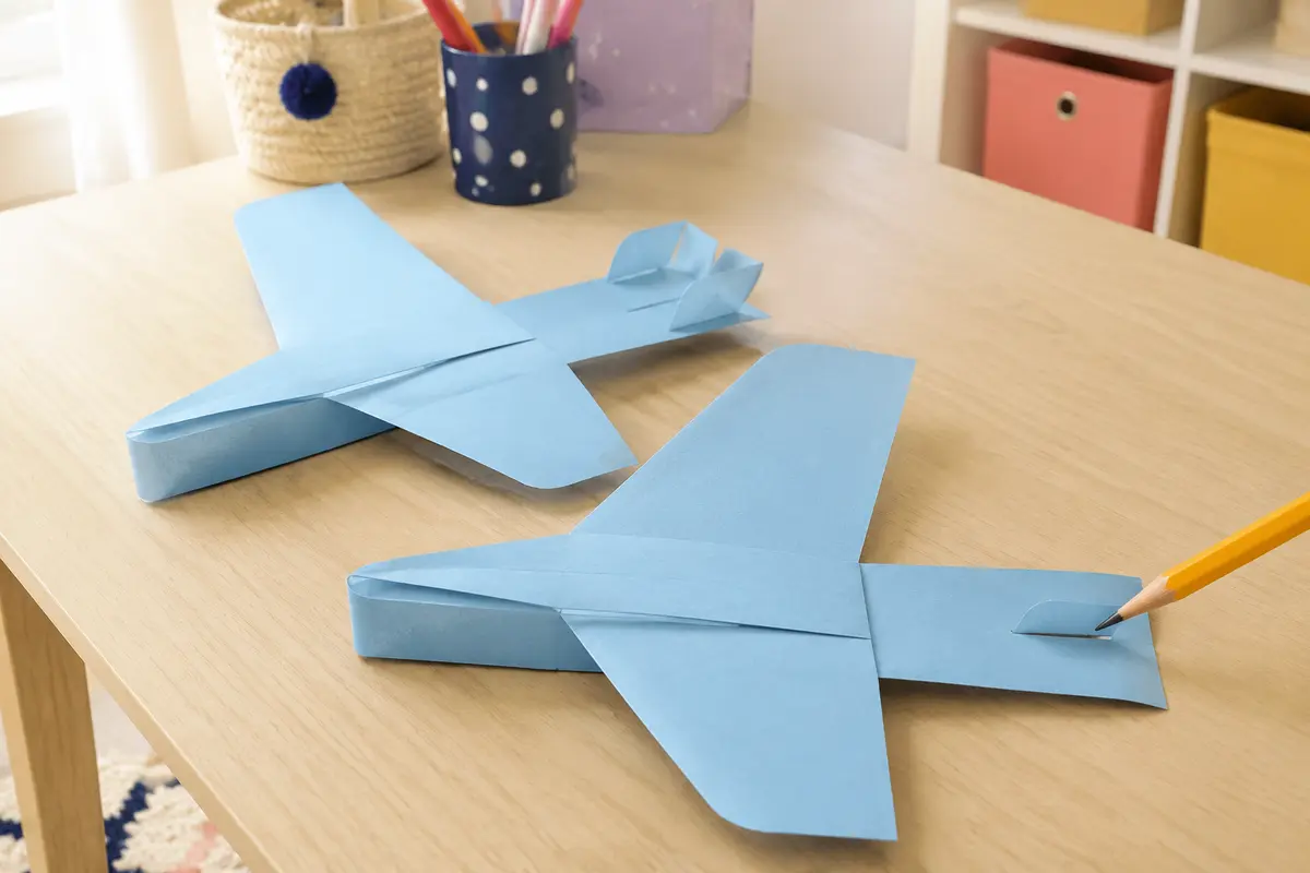 Planeur en papier cartonné avec gouvernes arrière réglables et repères de test