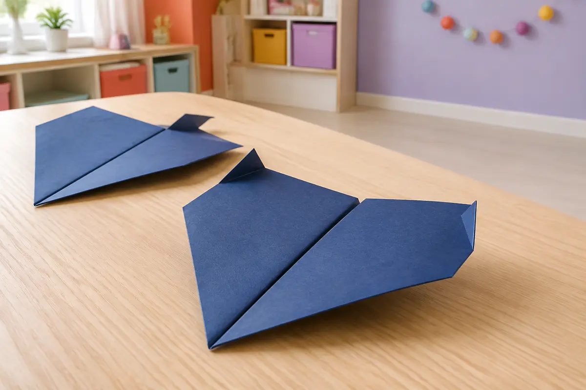 Avion en papier court avec deux ailerons arrière repliés pour une trajectoire courbe