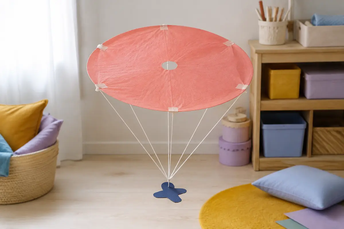 Parachute circulaire en papier de soie avec petit trou central et six suspentes