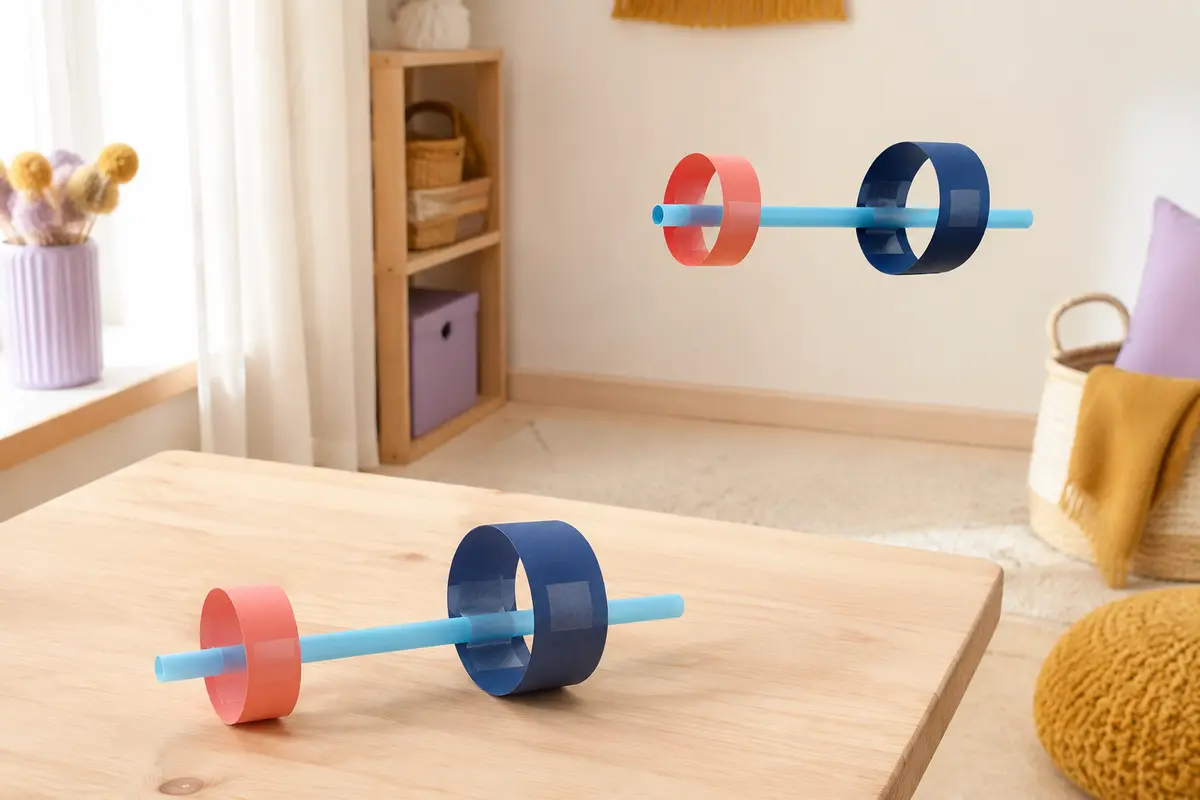 Planeur avec deux anneaux de papier de tailles différentes fixés sur une paille