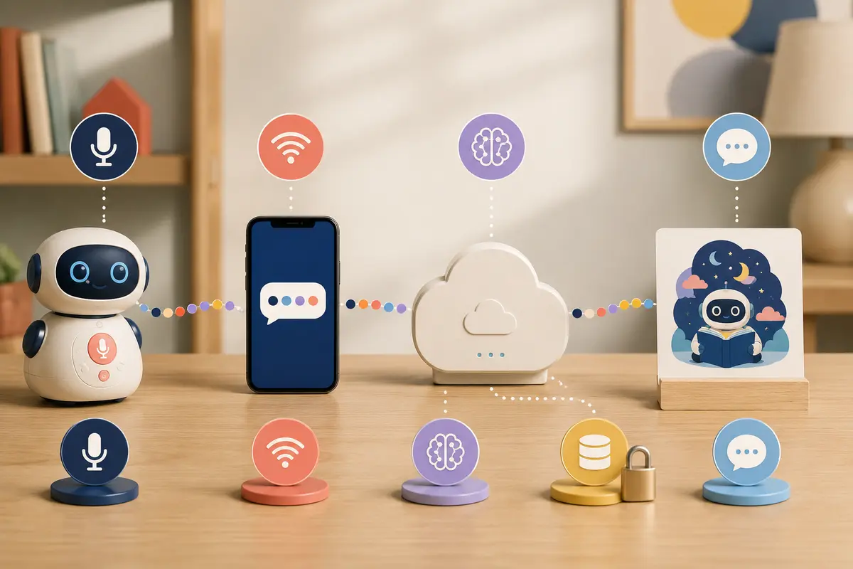 Schéma de circulation des données entre enfant jouet application parent et serveur distant