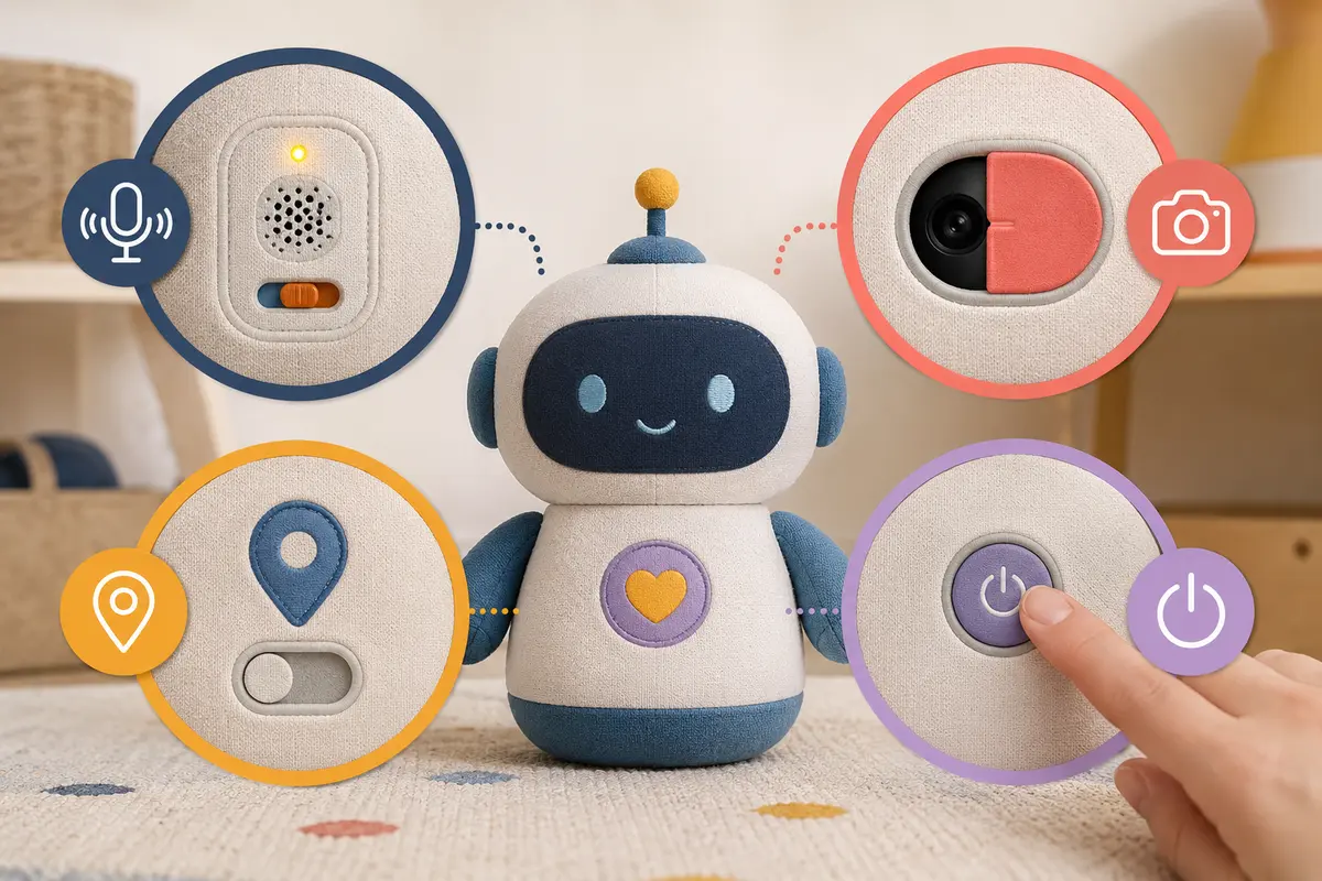 Infographie des capteurs à contrôler sur un jouet avec IA microphone caméra localisation et bouton physique
