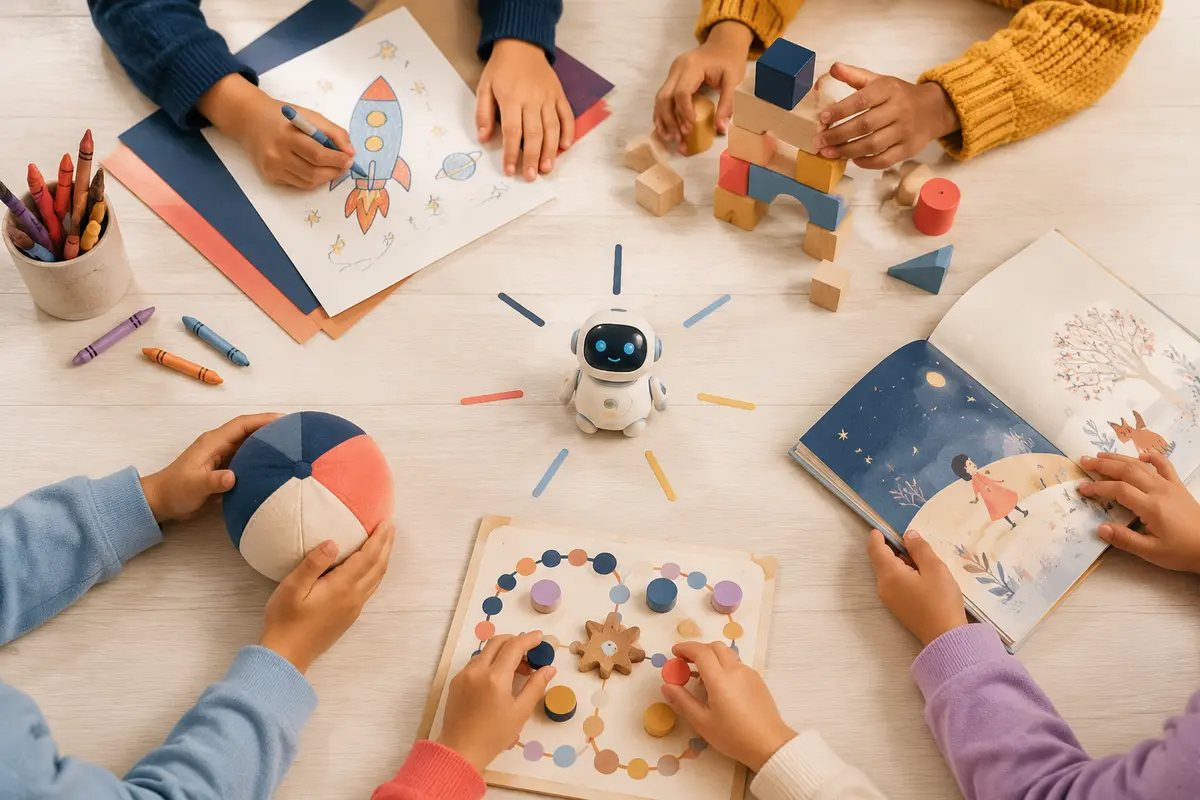Infographie équilibre entre jeu avec IA imagination autonome mouvement lecture et relations humaines