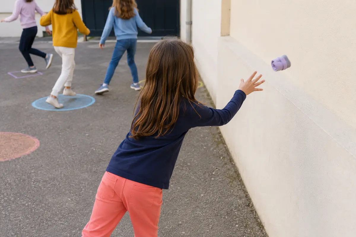 Enfant lançant doucement une balle de chaussettes contre un mur libre