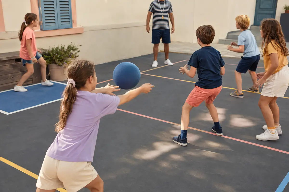 Enfants jouant à une balle au prisonnier coopérative avec ballon en mousse
