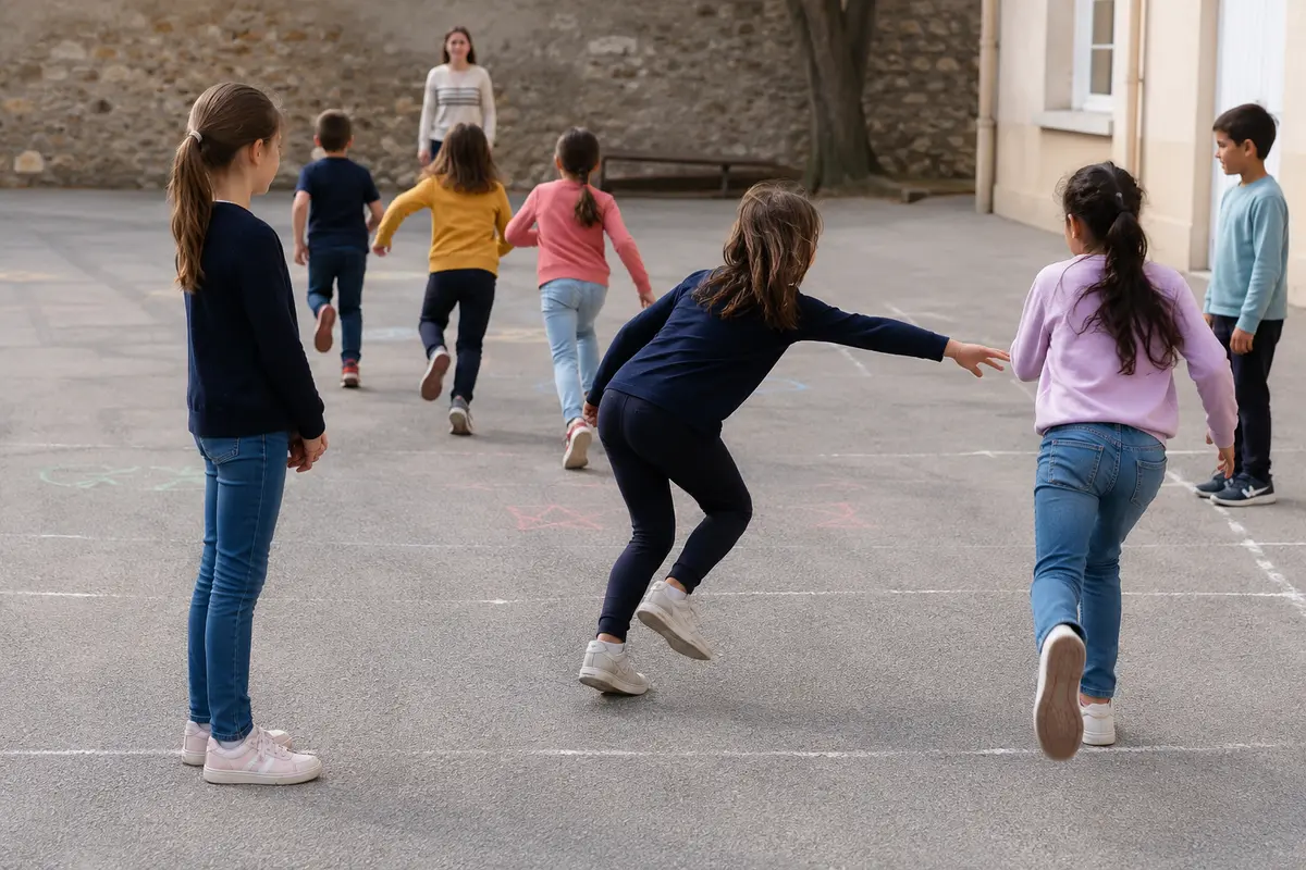 Enfants traversant un terrain lors d’un jeu de l’épervier sans contact brutal