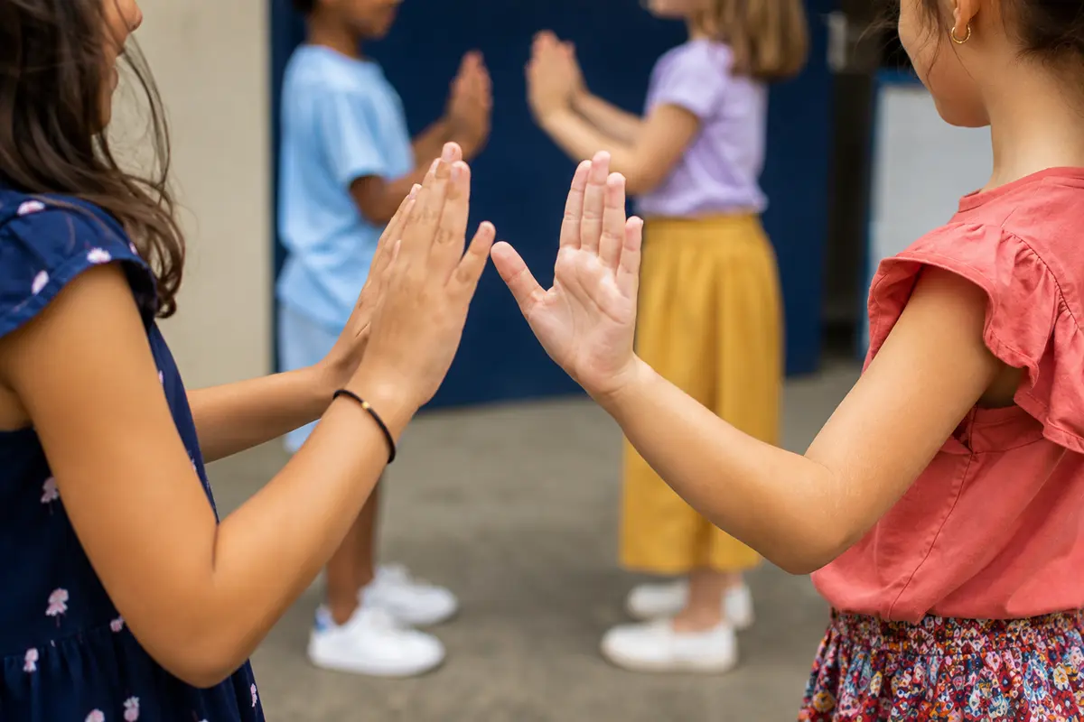 Deux enfants inventant un enchaînement de jeu de mains rythmé