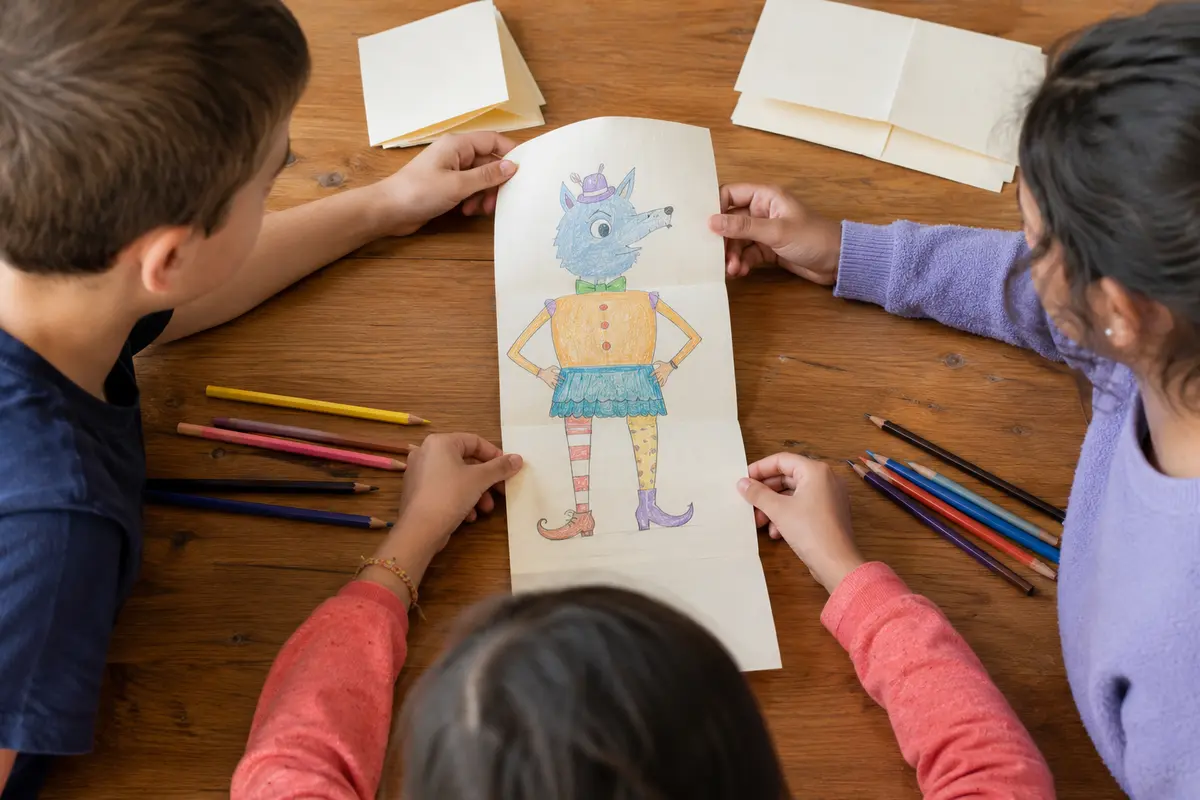 Enfants dépliant un cadavre exquis dessiné sur une feuille pliée