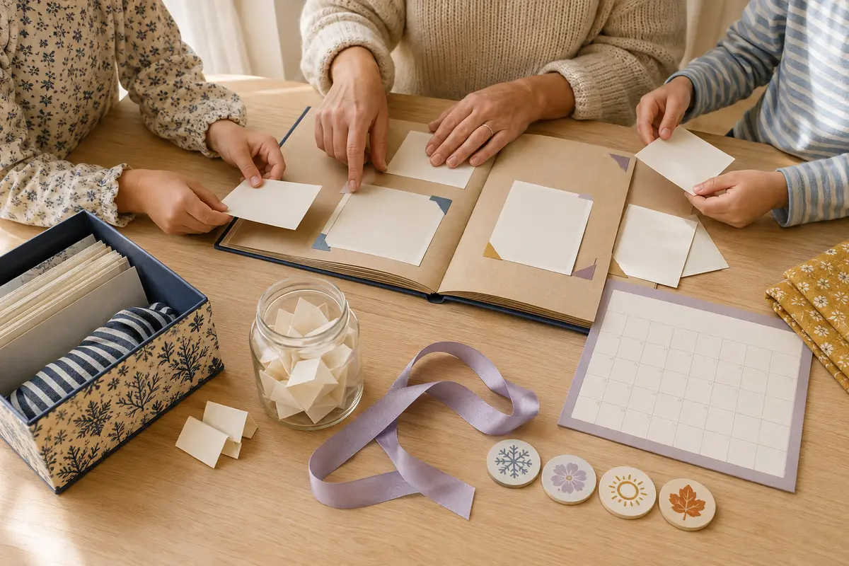 Famille préparant un album de traditions avec boîte à souvenirs calendrier et photos sans visage visible