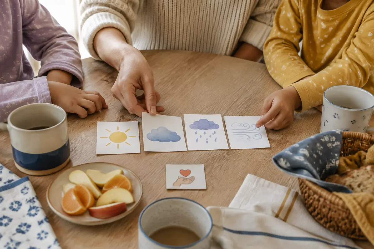 Petit rituel familial du matin avec cartes émotions et mot illustré sur table de cuisine