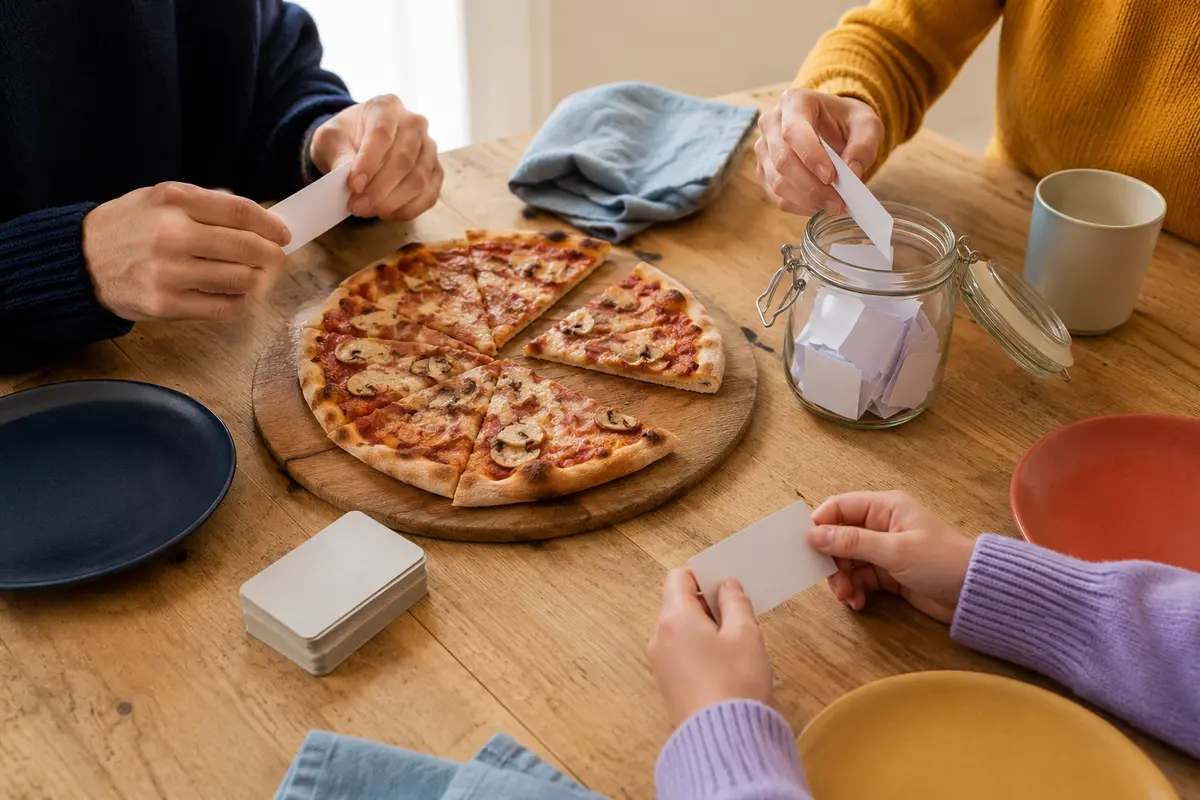Soirée familiale simple avec jeu cartes pizza maison et bocal à idées