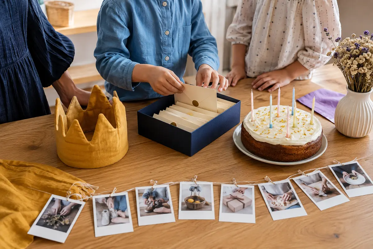 Rituel anniversaire avec couronne en tissu boîte de lettres et guirlande de photos